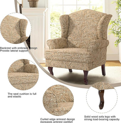 Pia Ricco Paisley High Back Floral Accent Chair, Upholstered Fabric Armchair with Solid Wood Legs - Retro Living Room Reading Chair, Comfortable Single Sofa Seat-Brown