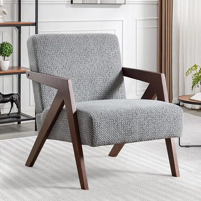 Bonzy Home Mid-Century Modern Accent Chair with Solid Wood Frame, Upholstered Armchair for Bedroom & Living Room,Reading Side Chair with Soft Lien Fabric Cushion,Easy Assembly,Light Grey
