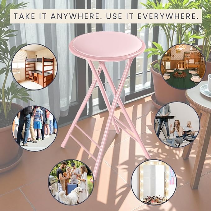 Lavish Home Set of 4 Counter Height Bar Stools – 24-Inch Backless Folding Chairs with 225lb Capacity for Kitchen, Rec Room, or Game Room (Pink)