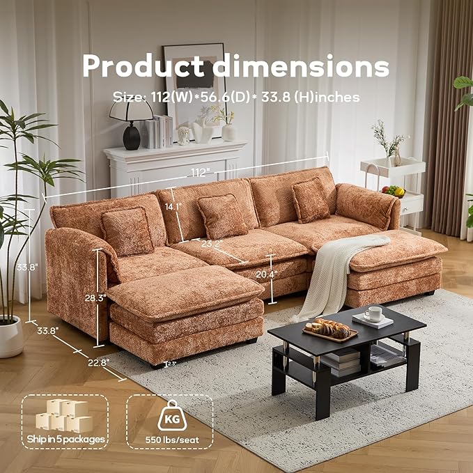 112" Modular Sectional Sofa with Movable Ottoman, L Shaped Couches for Living Room, 3 Seater Comfy Cloud Couch with Removable Cover, Armrest Pillow (Orange)
