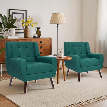 Accent Chairs Set of 4, Mid-Century Modern Upholstered Armchair, Comfy Fabric Living Room Chairs Reading Chairs with Button Tufted Back & Solid Wood Legs for Bedroom, Office, Light Blue