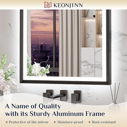 Keonjinn 30" x 36" LED Bathroom Mirror with Frontlit & Backlit, Black Metal Framed Mirror for Wall, Antifog, Stepless 3 Colors Temperature, UL-Listed LED Driver, Tempered Glass