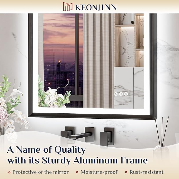 Keonjinn 48” x 30” LED Bathroom Mirror with Frontlit & Backlit, Large Metal Framed Lighted Mirror with Stepless Dimmable 3-Color Temperatures, Anti Fog, UL-Listed Driver, No Dark Corner