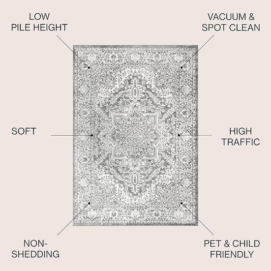 JONATHAN Y Modern Vintage Medallion Light Gray 9' Round Indoor Area Rug, Country, Floral, Easy-Cleaning for Living Room, Bedroom, Kitchen, Pet Friendly, Non-Shedding (MDP100A-9R)
