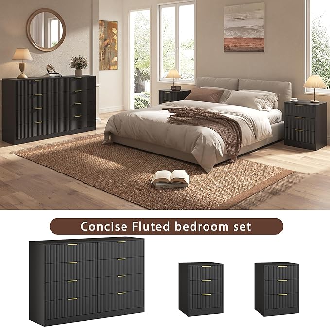 3-Piece Modern Bedroom Furniture Set, Wide 8-Drawer Dresser & 3-Drawer Nightstands Set of 2, Natural Wood Dresser and Nightstand Sets for Bedroom, Hallway, Black