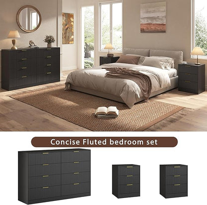 3-Piece Modern Bedroom Furniture Set, Wide 8-Drawer Dresser & 3-Drawer Nightstands Set of 2, Natural Wood Dresser and Nightstand Sets for Bedroom, Hallway, Black