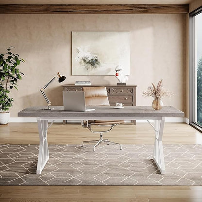Tribesigns 70.86-Inch Large Executive Desk, Industrial Home Office Computer Desk, Simple Long Writing Study Table Business Furniture (Grey/White)