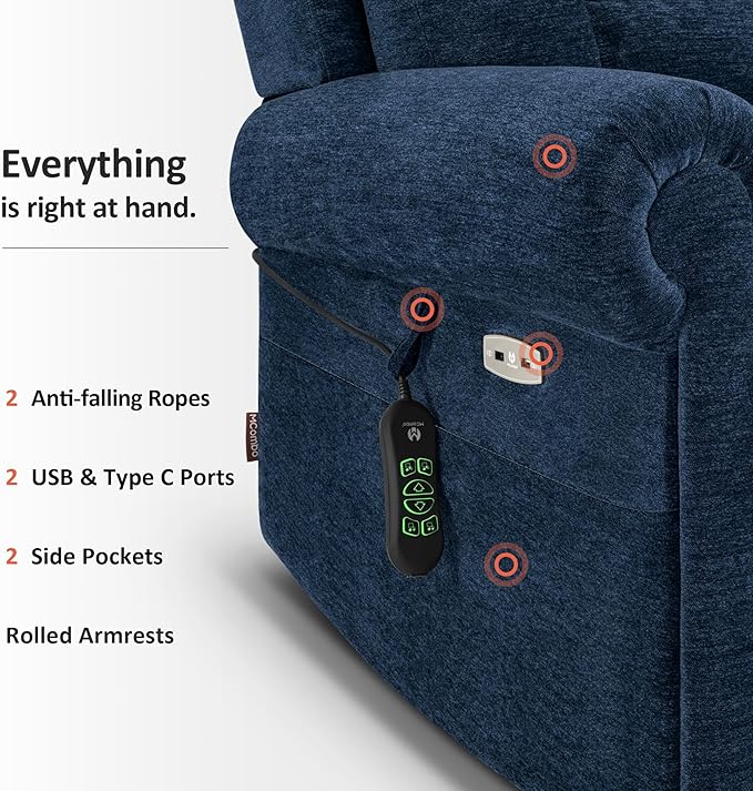 MCombo Triple Motor Power Lift Recliner Chair with Massage and Lumbar&seat Heating, Rolled Arms, Adjustable Headrest for Elderly People, Fabric 7888 (Navy Blue, Medium)