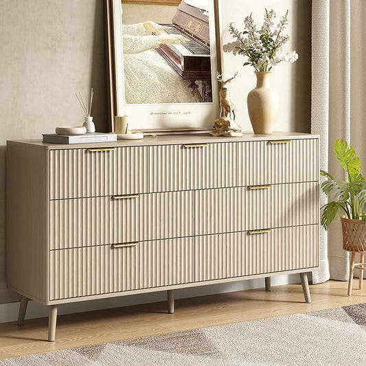 CARPETNAL Fluted 7 Drawer Dresser for Bedroom, 55" Wide Wooden Chest of Drawers with Rounded Corners, Gold Handles, Modern Storage Organizer for Bedroom, Hallway(Beige)