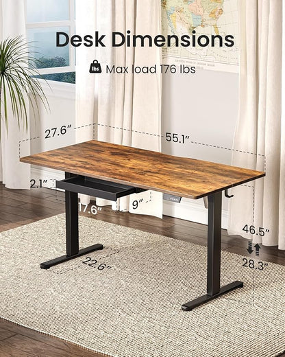 FEZIBO Electric Standing Desk with Drawers, 55 x 28 Inch Height Adjustable Desk with 3 Memory Presets, Sit Stand Up Desks for Home Office, Rustic Brown