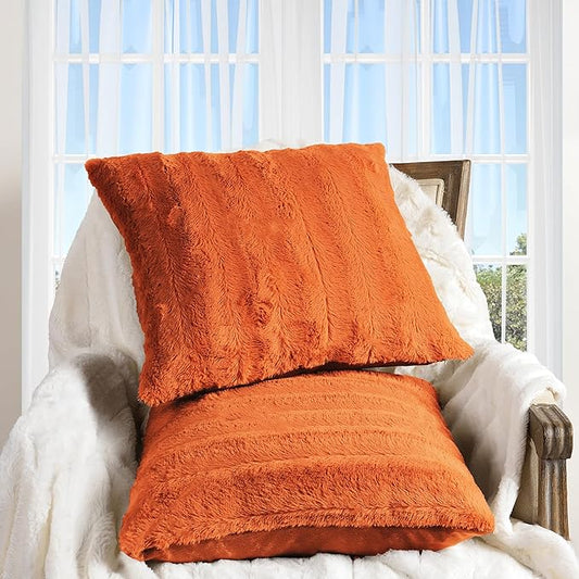 Cheer Collection Fall Decorative Throw Pillows for Couch – Set of 2 Faux Fur Fall Pillows for Couch, Cozy Fall Couch Pillows for Living Room or Bed, Soft, Rust Accent Pillows, 16" x 16"