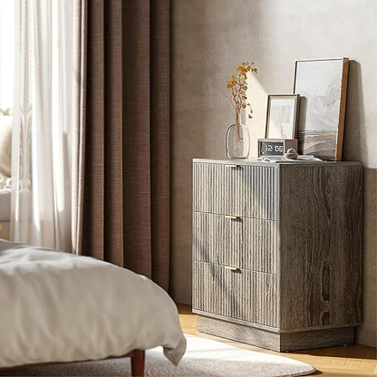Mid Century Modern 3 Drawer Dresser for Bedroom, Fluted Wood Nightstand with Round Edge Design, Shallow Bedroom Storage for Closet, Living Room（Charcoal Oak）