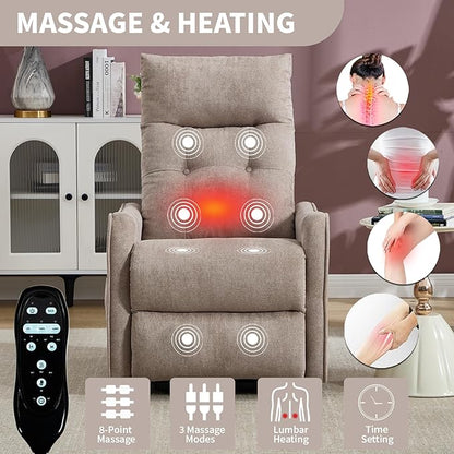 PELUMY Manual Lift Recliner Chair with Massage and Heat for Elderly, Single Motor Electric Lift Chair, Heavy Duty Recliner with USB Charging & Side Pockets (Chenille, Khaki)