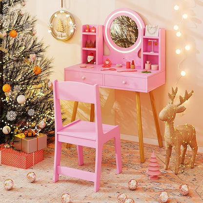 Costzon Kids Vanity, Girls Vanity Set with Mirror and Stool and Lights, Drawers, Storage Shelves, Wooden Toddler Makeup Vanity Desk Dressing Table, Kids Vanity Table and Chair Set (Pink)