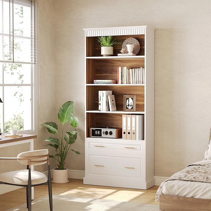 LITTLE TREE 72" Tall White Bookcase, 5-Tier Office Bookself with File Cabinet Drawers,Modern Floor Standing Storage Filing Cabinet Book Shelf for Living Room,Bedroom(2 Piece,White)