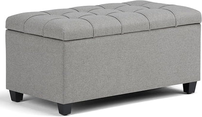SIMPLIHOME Sienna Storage Ottoman Bench - 33 inch Wide Upholstered Linen Look Fabric Rectangle Storage Ottoman Bench in Fawn Brown, Transitional Tufted Ottoman for Living Room with Lift Top
