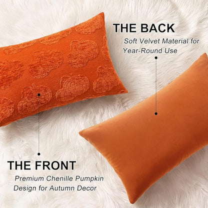 decorUhome Decorative Two Rust Pumpkins Thanksgiving Throw Pillow Covers 12x20 Set of 2, Soft Chenille Jacquard Farmhouse Textured Pillow Covers for Couch Bed Sofa Autumn Harvest Halloween Holiday