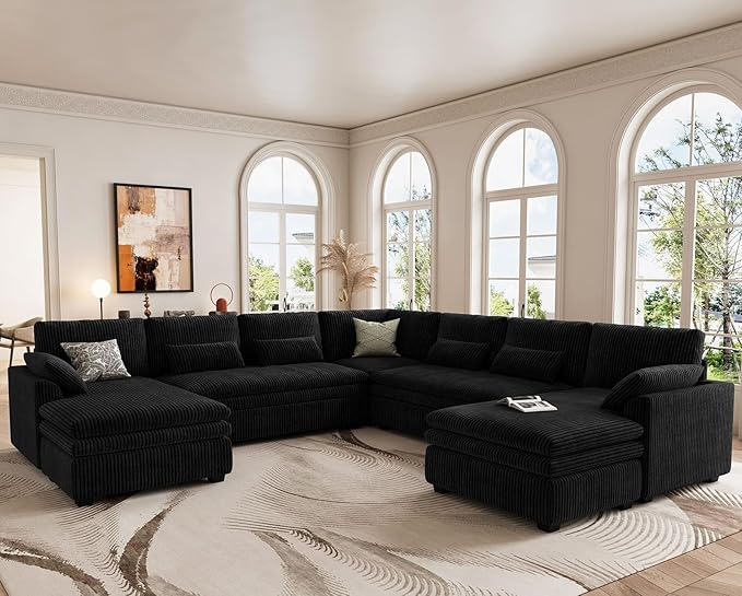 Belffin Large Modular Sectional Sofa with Double Deep Chaise and Loveseat, Corduroy U Shape Couch with 9" Soft Dual-Layer 9 Seats Cushion for Living Room, Apartment, Black