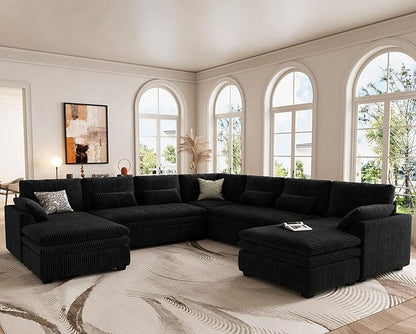 Belffin Large Modular Sectional Sofa with Double Deep Chaise and Loveseat, Corduroy U Shape Couch with 9" Soft Dual-Layer 9 Seats Cushion for Living Room, Apartment, Black