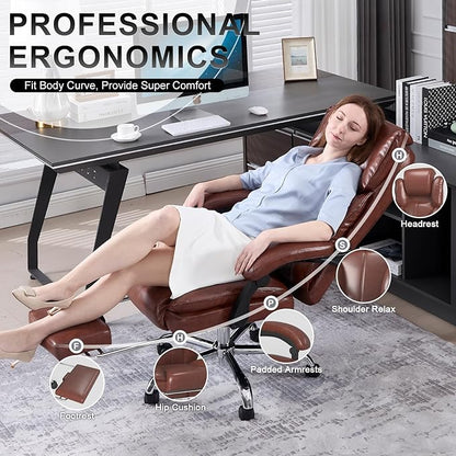Big and Tall Office Chair, Executive Home Office Desk Chair, Leather Computer Chair with Retractable Footrest, Adjustable Headrest and Reclining Height, Padded Arms, 360°Swivel Free, Wide Seat, Brown