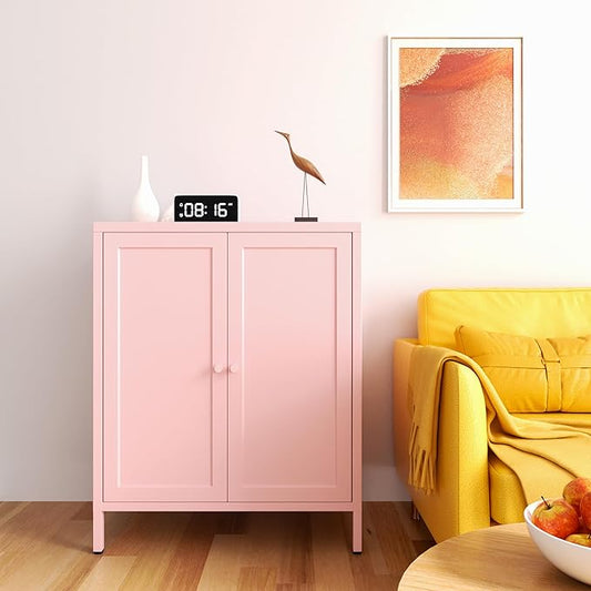 Living Room Cabinets, Pink Lockable Storage Cabinets with Doors and Shelves,2 Door Cabinet with high feet,Low Side Cupboard for Home,Office,Kitchen,Bathroom,Dining Room