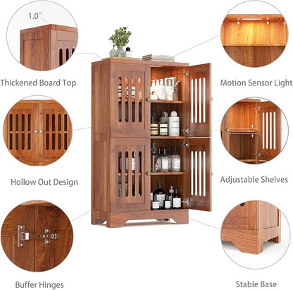 PARTPHONER Bathroom Floor Storage Cabinet with Cabinet Lights, Modern Storage Cabinet with 4 Doors and Adjustable Shelves, Buffer Hinges, Walnut Pantry Cabinet for Living Room & Kitchen