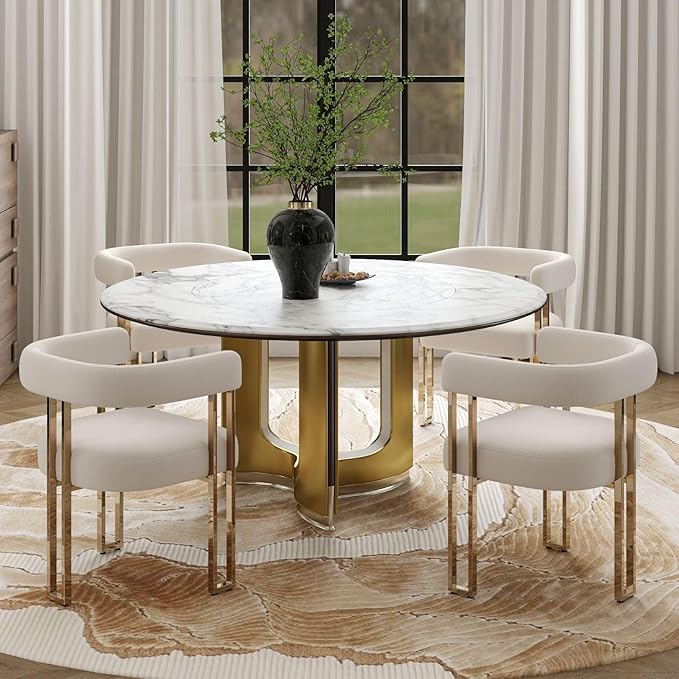 Set of 4 Beige and Gold Modern Dining Chairs, Velvet Upholstered Barrel Armchairs with Metal Legs for Kitchen Island, Mid Century Accent Chairs for Dining Room Living Room, Open-Back