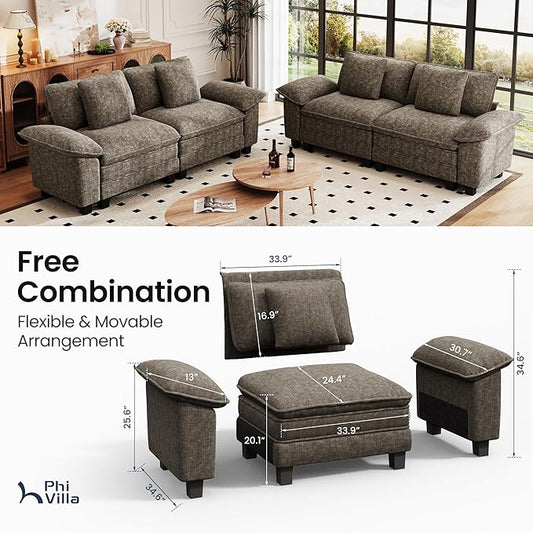 PHI VILLA Cloud Modular Couches Sets, 2 Pieces Sectional Loveseat Sofa Set, 4-Seater Comfy Couch for Living Room Apartment, Chenille Fabric, Smoky Grey