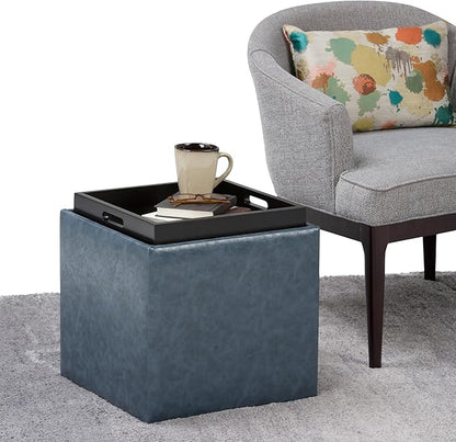 SIMPLIHOME Rockwood 18 inch Wide Contemporary Square Cube Storage Ottoman with Tray in Denim Blue Vegan Faux Leather, Assembled, For the Living Room, Entryway and Family Room