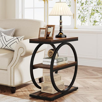 LITTLE TREE 3-Tier End Table, Industrial Side Table with Storage Shelves, Small Sofa Side Table for Living Room, Wooden Side End Table with Double Round Metal Legs