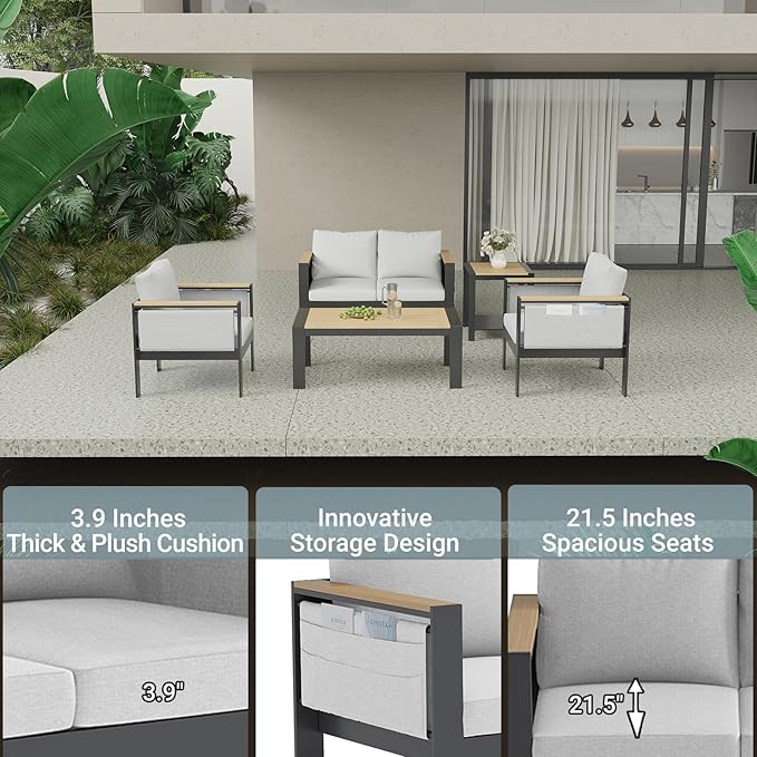 Corinth 5-Piece Aluminum Patio Conversation Set - Outdoor, Porch, Balcony, Yard, Gardern, All Weather Furniture Set with Loveseat Sofa, White