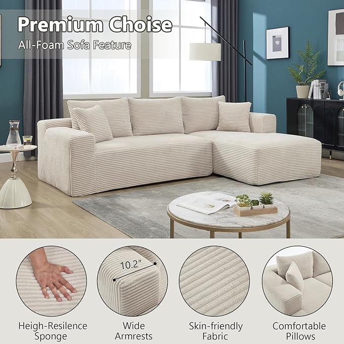 PELUMY 108.7" L-Shaped Modular Sectional Sofa with Oversized Chaise, Cloud Couch with Memory Foam, No Assembly Required Sleeper Sofa for Small Space Living Room, Apartment (Beige, Corduroy)
