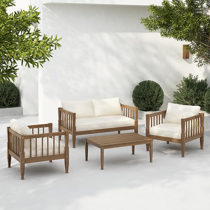 Scott Living Darla 4 Piece Outdoor Rustic Acacia Wood Seating Set, 4 Seater Conversation Set, Acacia Wood Loveseat and Club Chairs, Sofa Set with Cushion, Retangular Coffee Table, Light Gray+Beige