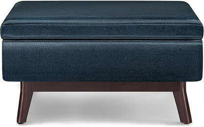 SIMPLIHOME Owen 34 inch Wide Mid Century Modern Rectangle Coffee Table Storage Ottoman in Distressed Dark Blue Vegan Faux Leather, Assembled, for the Living Room, Entryway and Family Room