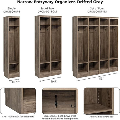 Prepac Narrow Coat Rack Freestanding Hall Tree with 3 Hooks, Entryway Furniture for Coat and Shoe Storage, Entryway Organization with an Adjustable Shelf, 14.75"W x 72.5"H x 15.5"D, Drifted Gray