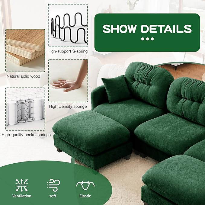 140" L Shaped Sofa for Living Room, Comfy Chenille Fabric Cloud Sectional Couch, Modern Upholstered Deep Seat Sofa with Pillow and Movable Ottoman, Oversized 4 Seater Sectional Sofa, Green