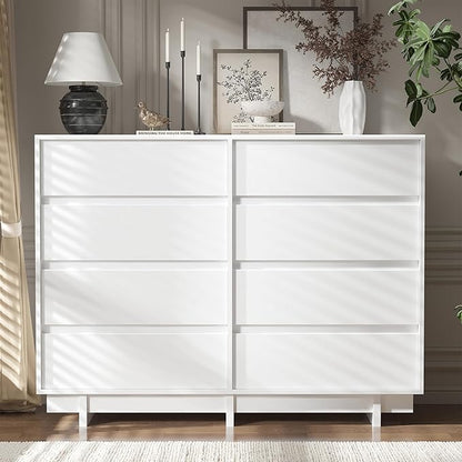White Dresser for Bedroom, 53.1" Wide 8 Drawer Dresser, Mid Century Modern Dressers Chest of Drawers, Wooden Large Dressers for Bedroom, Closet