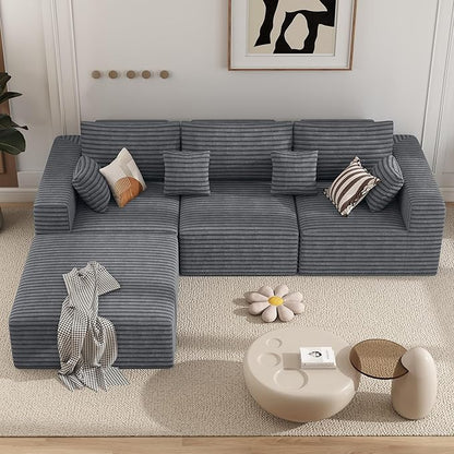 113" Modular Sectional Sofa, Convertible L-Shaped Cloud Couches for Living Room with Ottoman, 4 Seater Corduroy Boneless Couch Sofa Set, No Assembly Required, Grey 1 PCS