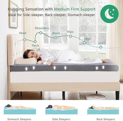 VECELO Gel Infused Memory Foam Mattress Topper Twin Size, 4 Inch Fresh Cooling Mattress Pad with Washable Cover for Twin Mattress, Pain Pressure Relieve Bed Topper, Breathable, Comfort