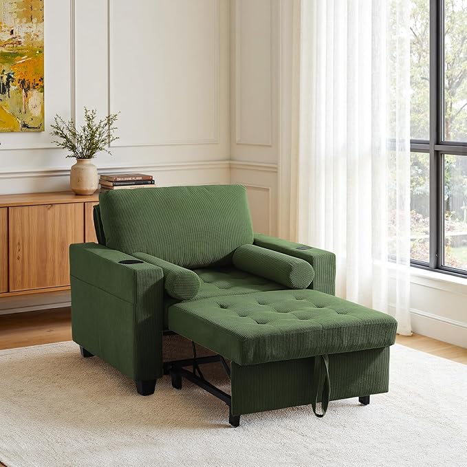 Convertible Sleeper Chair Bed, Comfy Corduroy Single Futon Sofa Chair with Pull Out Bed, 3-Levels Adjustable Backrest Accent Chair with Side Pockets, Cup Holder & USB Ports for Living Room, Bedroom