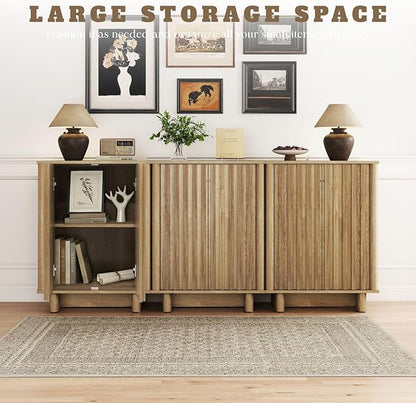 LukeAlon Fluted Sideboard Cabinet with Storage, 70" Farmhouse Boho Accent Buffet Cabinet, Wooden Credenza Cabinets for Living Room Dining Room Entryway Hallway, Natural Wood Color
