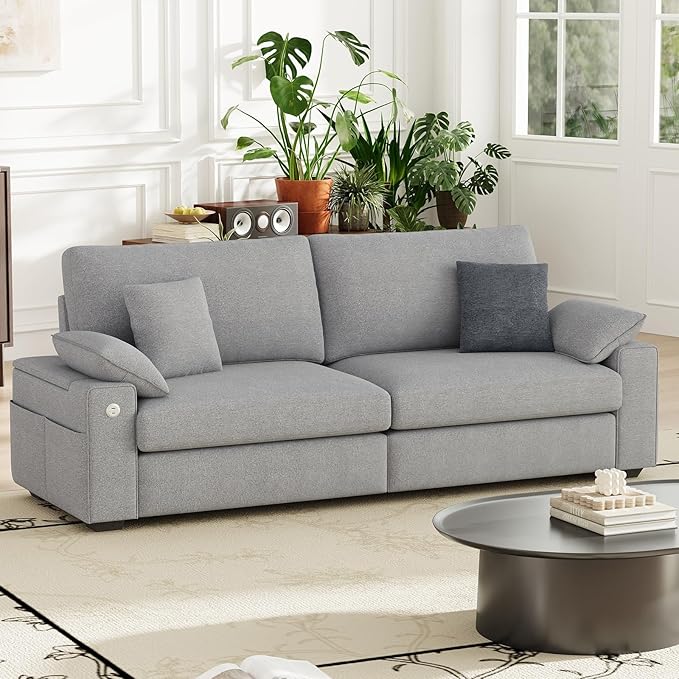89" Loveseat Sofa, Cloud Foam Couch, 3 Seater Upholstered Midcentury Mondern Love Seat with USB Type C Ports, 4 Pillows and Flip-Open Storage Armrest for Living Room/Small Spaces, Gray