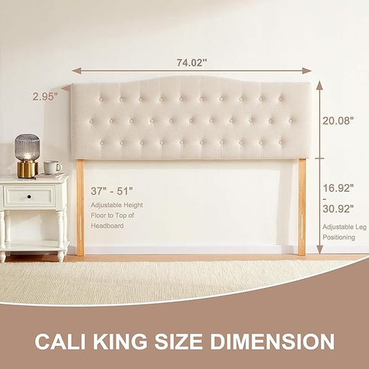 Tufted Upholstered Headboard California King, Sturdy and Durable Solid Wood Bed headboard, Fabric Headboard Adjustable Height from 37” to 51”, Button Diamond Design Head Board, Beige