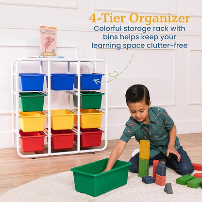 ECR4Kids 4-Tier Storage Rack with 12 Cubby Bins 4x3, Multipurpose Organization, Primary