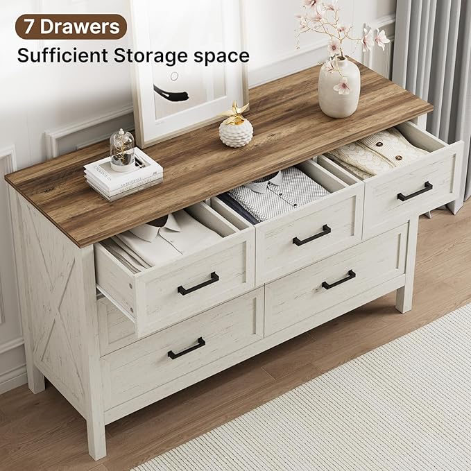 LYNSOM Farmhouse 7 Drawers Dresser for Bedroom, Wood Rustic Wide Chest of Drawers with Deep Drawers, Metal Handle, Storage Dressers Organizer for Entryway, Hallway, Antique White