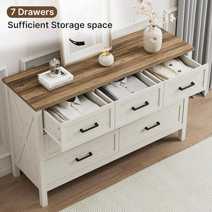 LYNSOM Farmhouse 7 Drawers Dresser for Bedroom, Wood Rustic Wide Chest of Drawers with Deep Drawers, Metal Handle, Storage Dressers Organizer for Entryway, Hallway, Antique White