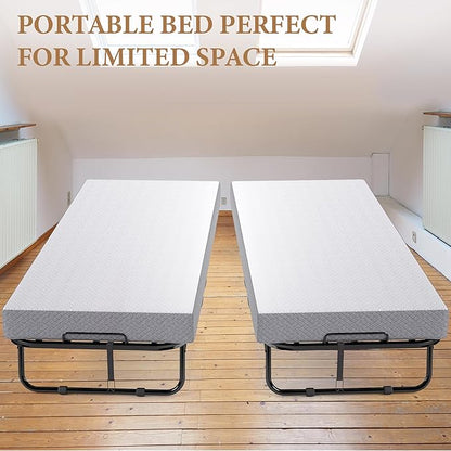 Folding Bed with Memory Foam Mattress, Portable Rollaway Guest Beds on Wheels, 75"x31" Twin Size Space-Saving Cot-Size Bed for Adults with Easy Assembly Metal Frame (White)