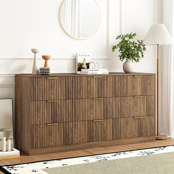 3-Piece Modern Bedroom Furniture Set, Wide 9-Drawer Dresser & 1-Drawer Nightstands Set of 2, Natural Wood Dresser and Nightstand Sets for Bedroom, Hallway, Walnut