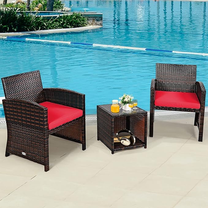 COSTWAY 3 Pieces Patio Furniture Sets, Outdoor Rattan Conversation Set with Tempered Glass Tabletop and Soft Cushion, Wicker Cushioned Chair Sofa for Backyard, Porch, Poolside, Lawn, Red