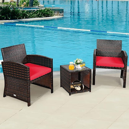 COSTWAY 3 Pieces Patio Furniture Sets, Outdoor Rattan Conversation Set with Tempered Glass Tabletop and Soft Cushion, Wicker Cushioned Chair Sofa for Backyard, Porch, Poolside, Lawn, Red